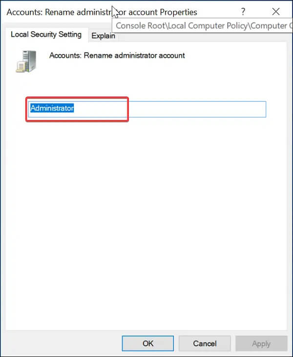 change local administrator name group policy editor 