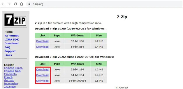 instalar a ferramenta de compressão 7zip