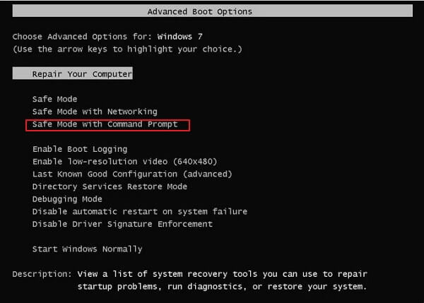 modo seguro con símbolo del sistema en windows 7